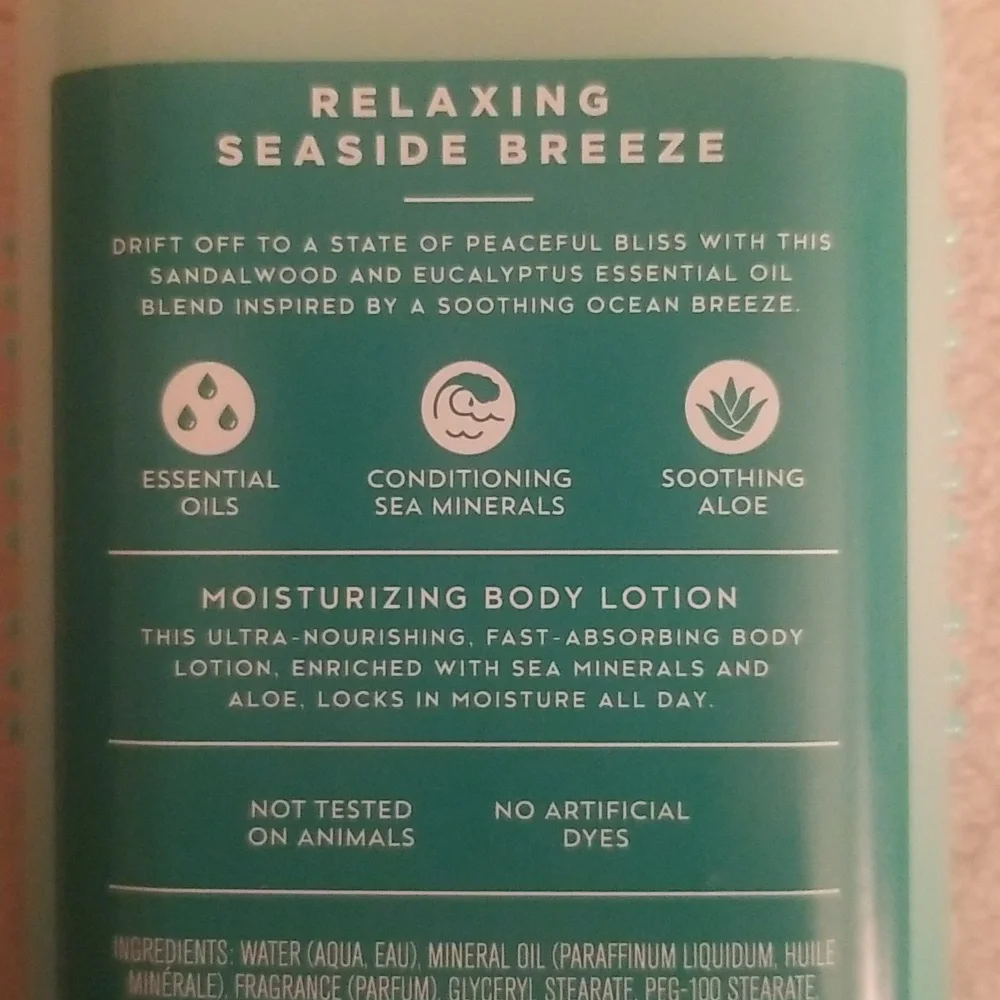 BBW Sandalwood eucalyptus body lotion, relaxing seaside breeze, 6.5.fl oz.